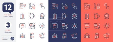 Illustration for Set of Court building, Checkbox and Wish list line icons. Include Food delivery, Stop shopping, 5g technology icons. Card, Inspect, Open door web elements. Mute sound, Love award, Strategy. Vector - Royalty Free Image