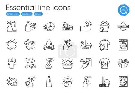 Illustration for Clean t-shirt, Vacuum cleaner and Rubber gloves line icons. Collection of Bucket with mop, Dirty t-shirt, Dont touch icons. Washing machine, Dryer machine, Household service web elements. Vector - Royalty Free Image