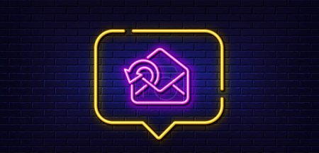 Illustration for Neon light speech bubble. Send Mail download line icon. Sent Messages correspondence sign. E-mail symbol. Neon light background. Send Mail glow line. Brick wall banner. Vector - Royalty Free Image