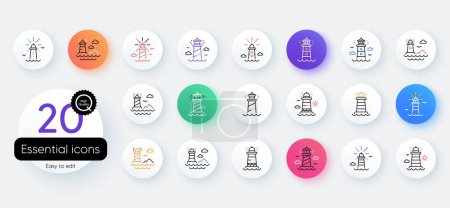 Illustration for Lighthouse line icons. Bicolor outline web elements. Searchlight tower with seagull for marine navigation of ships. Sea pharos, lighthouse or beacon icons. Vector - Royalty Free Image