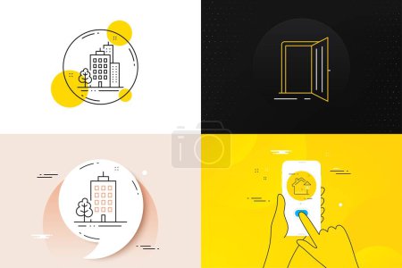 Illustration for Minimal set of Buildings, Street light and Open door line icons. Phone screen, Quote banners. Skyscraper buildings icons. For web development. City architecture, Outdoor illuminate, Entrance. Vector - Royalty Free Image