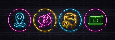 Illustration for Augmented reality, Location and Copyright chat minimal line icons. Neon laser 3d lights. 5g notebook icons. For web, application, printing. Virtual reality, Map pointer, Speech bubble. Vector - Royalty Free Image