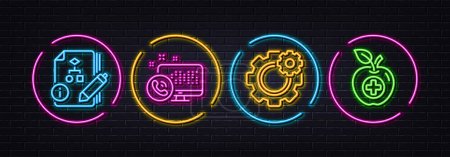 Illustration for Cogwheel, Web call and Algorithm minimal line icons. Neon laser 3d lights. Medical food icons. For web, application, printing. Engineering tool, Phone support, Project. Apple. Vector - Royalty Free Image