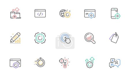 Illustration for Seo line icons. Website stats, Target and Increase sales signs. Traffic management, social network and seo optimization icons. Linear set. Bicolor outline web elements. Vector - Royalty Free Image
