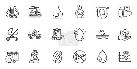 Illustration for Outline set of Fever temperature, Difficult stress and Cardio training line icons for web application. Talk, information, delivery truck outline icon. Vector - Royalty Free Image