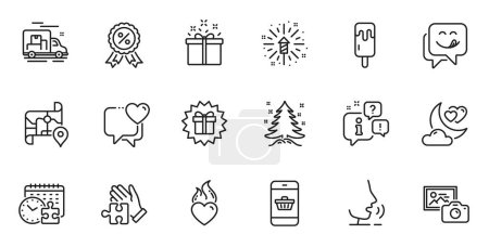 Illustration for Outline set of Heart, Map and Surprise gift line icons for web application. Talk, information, delivery truck outline icon. Include Puzzle time, Christmas tree, Yummy smile icons. Vector - Royalty Free Image