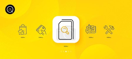 Illustration for Gps, Spanner tool and Wallet minimal line icons. Yellow abstract background. Search files, Loyalty points icons. For web, application, printing. Journey map, Repair, Money budget. Vector - Royalty Free Image