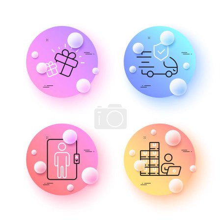 Illustration for Gift, Inventory and Transport insurance minimal line icons. 3d spheres or balls buttons. Elevator icons. For web, application, printing. Marketing box, Goods operator, Full coverage. Vector - Royalty Free Image