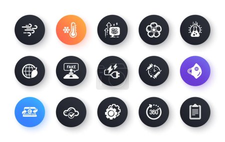 Illustration for Minimal set of Settings gears, Stress grows and Copywriting notebook flat icons for web development. Low thermometer, Windy weather, Cloud computing icons. Fake review, 360 degrees. Vector - Royalty Free Image