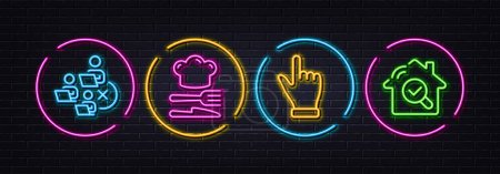Illustration for Click hand, Remove team and Food minimal line icons. Neon laser 3d lights. Inspect icons. For web, application, printing. Direction finger, Networking, Chef hat. Search building. Vector - Royalty Free Image