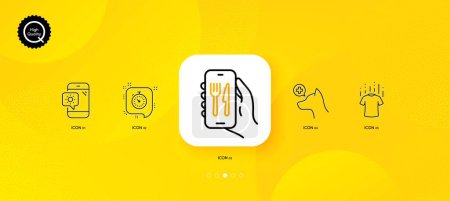 Illustration for Restaurant app, Timer and Dry t-shirt minimal line icons. Yellow abstract background. Veterinary clinic, Weather phone icons. For web, application, printing. Vector - Royalty Free Image