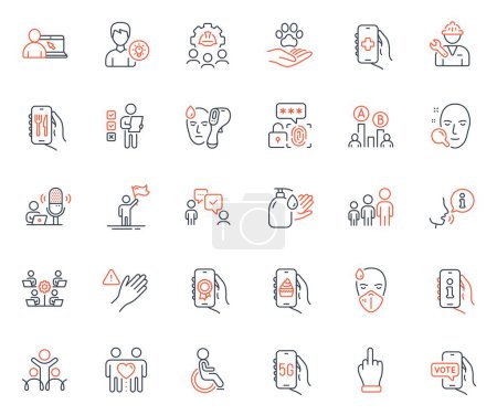 Illustration for People icons set. Included icon as Repairman, Middle finger and Teamwork web elements. Dont touch, Online voting, Business hierarchy icons. Consulting business, Face search. Vector - Royalty Free Image