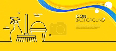 Illustration for Cleaning service line icon. Abstract yellow background. Spray, bucket and mop symbol. Housekeeping equipment sign. Minimal household service line icon. Wave banner concept. Vector - Royalty Free Image