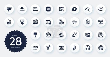 Illustration for Set of Technology icons, such as Cloud computing, Video content and Table lamp flat icons. Laptop password, Card, Inspect web elements. Presentation board, Lock, Payment click signs. Vector - Royalty Free Image
