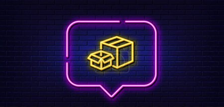 Illustration for Neon light speech bubble. Packing boxes line icon. Delivery parcel sign. Cargo box symbol. Neon light background. Packing boxes glow line. Brick wall banner. Vector - Royalty Free Image