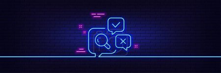 Illustration for Neon light glow effect. Inspect line icon. Quality research sign. Review speech bubbles. 3d line neon glow icon. Brick wall banner. Inspect outline. Vector - Royalty Free Image