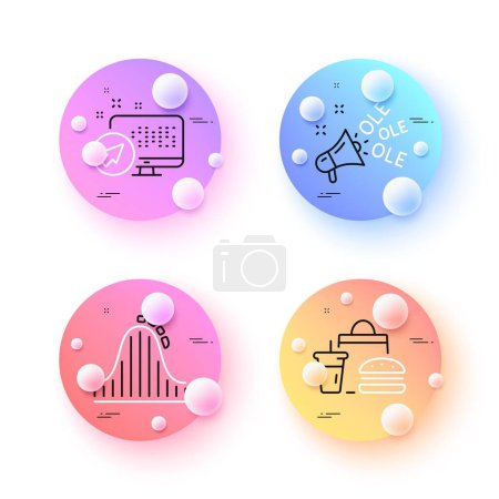 Illustration for Web system, Fast food and Ole chant minimal line icons. 3d spheres or balls buttons. Roller coaster icons. For web, application, printing. Computer, Meal order, Megaphone. Attraction park. Vector - Royalty Free Image