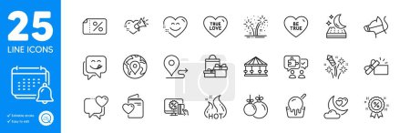 Illustration for Outline icons set. Yummy smile, Online shopping and Smile chat icons. True love, Love night, Dog leash web elements. Notification, Pin, Mattress signs. Be true, Ice cream, Christmas ball. Vector - Royalty Free Image