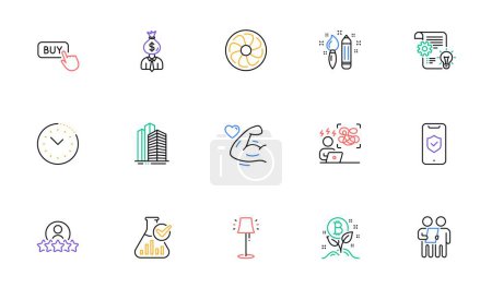Illustration for Survey, Creativity and Phone protection line icons for website, printing. Collection of Bitcoin project, Stand lamp, Buy button icons. Strong arm, Fan engine, Human rating web elements. Vector - Royalty Free Image