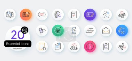 Illustration for Simple set of Info, Add team and Outsource work line icons. Include Quickstart guide, Stress, Creative design icons. Pay money, Video conference, Checked file web elements. Vector - Royalty Free Image