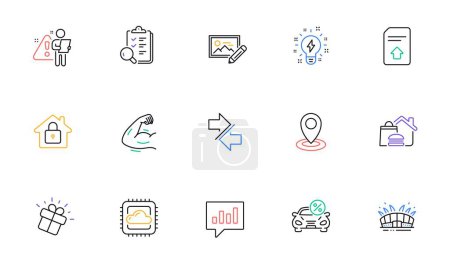 Illustration for Arena stadium, Food delivery and Upload file line icons for website, printing. Collection of Inspiration, Gift, Strong arm icons. Lock, Search employee, Car leasing web elements. Vector - Royalty Free Image