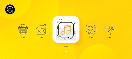 Illustration for Recovery data, Coal trolley and Musical note minimal line icons. Yellow abstract background. Open mail, Chemistry pipette icons. For web, application, printing. Vector - Royalty Free Image