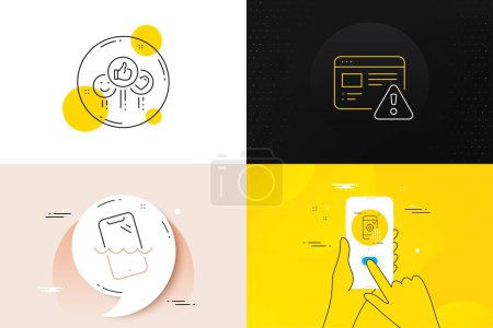 Illustration for Minimal set of Like, Smartphone waterproof and Seo phone line icons. Phone screen, Quote banners. Internet warning icons. For web development. Social media likes, Phone, Search engine. Vector - Royalty Free Image