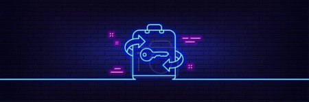 Illustration for Neon light glow effect. Luggage room line icon. Baggage Locker sign. Travel service symbol. 3d line neon glow icon. Brick wall banner. Luggage outline. Vector - Royalty Free Image