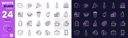 Illustration for Peas, Coffee shop and Water bottle line icons for website, printing. Collection of Cappuccino, Cooking timer, Bombon coffee icons. Pizza, Boiling pan, Champagne bottle web elements. Vector - Royalty Free Image