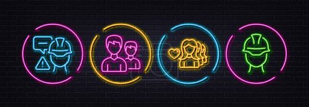 Illustration for Couple, Woman love and Builder warning minimal line icons. Neon laser 3d lights. Foreman icons. For web, application, printing. Two male users, Romantic people, Construction inspector. Vector - Royalty Free Image