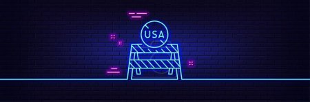 Illustration for Neon light glow effect. USA close borders line icon. Coronavirus Covid-19 pandemic sign. Travel restrictions symbol. 3d line neon glow icon. Brick wall banner. USA close borders outline. Vector - Royalty Free Image