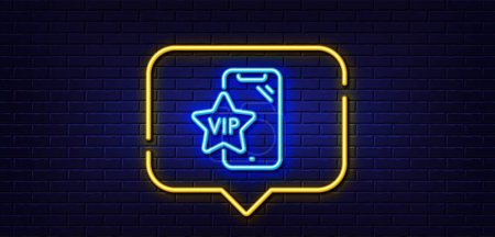 Illustration for Neon light speech bubble. Vip phone line icon. Very important person smartphone sign. Exclusive privilege symbol. Neon light background. Vip phone glow line. Brick wall banner. Vector - Royalty Free Image