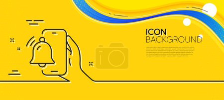 Illustration for Alarm clock app line icon. Abstract yellow background. Reminder bell sign. Phone notification symbol. Minimal alarm clock line icon. Wave banner concept. Vector - Royalty Free Image