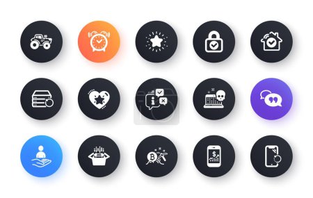 Illustration for Minimal set of Recovery server, Mobile finance and Info flat icons for web development. Cyber attack, House security, Tractor icons. Twinkle star, Alarm clock, Security lock web elements. Vector - Royalty Free Image