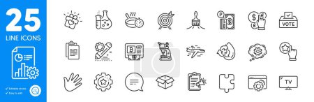 Illustration for Outline icons set. Parking payment, Love gift and Project edit icons. Bitcoin atm, Opened box, Megaphone checklist web elements. Clipboard, Text message, Brush signs. Seo gear, Airplane. Vector - Royalty Free Image