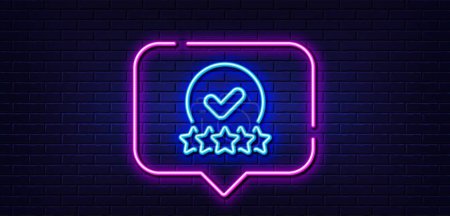 Illustration for Neon light speech bubble. Rating stars line icon. Approved ranking sign. Verified high rank symbol. Neon light background. Rating stars glow line. Brick wall banner. Vector - Royalty Free Image