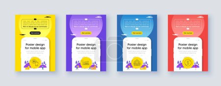 Illustration for Simple set of Freezing click, Infographic graph and Group line icons. Poster offer design with phone interface mockup. Include Dollar money icons. For web, application. Vector - Royalty Free Image