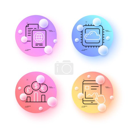 Illustration for Passport document, Internet report and Cloud computing minimal line icons. 3d spheres or balls buttons. Currency rate icons. For web, application, printing. Vector - Royalty Free Image