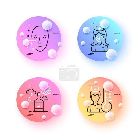 Illustration for Thermometer, Alcohol addiction and Nurse minimal line icons. 3d spheres or balls buttons. Face attention icons. For web, application, printing. Temperature control, Confused mind, Medical mask. Vector - Royalty Free Image