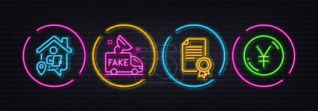 Illustration for Work home, Certificate and Fake news minimal line icons. Neon laser 3d lights. Yen money icons. For web, application, printing. Freelance work, Diploma, Social propaganda. Currency. Vector - Royalty Free Image