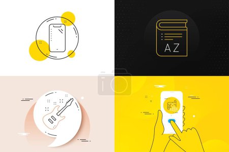 Illustration for Minimal set of Electric guitar, Treasure map and Smartphone line icons. Phone screen, Quote banners. Vocabulary icons. For web development. Musical instrument, Finance investment, Phone. Book. Vector - Royalty Free Image