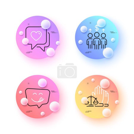 Illustration for Court jury, Meeting and Heart minimal line icons. 3d spheres or balls buttons. Yummy smile icons. For web, application, printing. Justice voting, Business collaboration, Love chat. Emoticon. Vector - Royalty Free Image