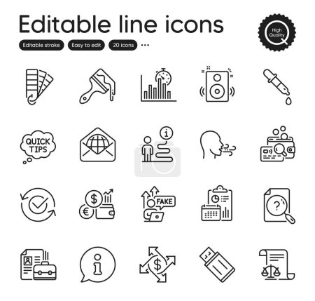 Illustration for Set of Education outline icons. Contains icons as Quick tips, Legal documents and Search document elements. Info, Support, Breathing exercise web signs. Web mail, Palette, Approved elements. Vector - Royalty Free Image