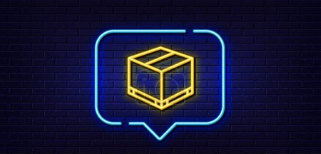 Illustration for Neon light speech bubble. Parcel box line icon. Logistics delivery sign. Package tracking symbol. Neon light background. Delivery box glow line. Brick wall banner. Vector - Royalty Free Image