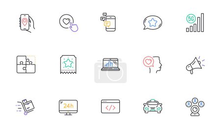 Illustration for Video conference, Megaphone and 24h service line icons for website, printing. Collection of Like button, Communication, Taxi icons. Seo script, Location app, Puzzle web elements. Vector - Royalty Free Image