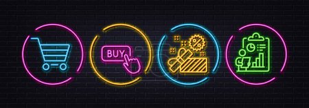 Illustration for Sale, Buy button and Market sale minimal line icons. Neon laser 3d lights. Report icons. For web, application, printing. Gift box, Online shopping, Customer buying. Survey clipboard. Vector - Royalty Free Image