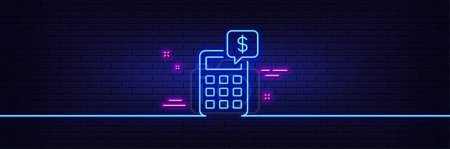 Illustration for Neon light glow effect. Calculator line icon. Accounting sign. Calculate finance symbol. 3d line neon glow icon. Brick wall banner. Calculator outline. Vector - Royalty Free Image