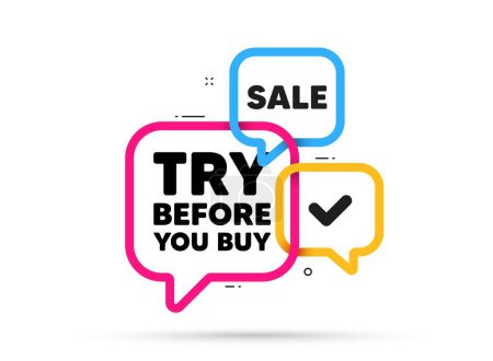 Illustration for Try before you buy tag. Ribbon bubble chat banner. Discount offer coupon. Special offer price sign. Advertising discounts symbol. Try before you buy adhesive tag. Promo banner. Vector - Royalty Free Image
