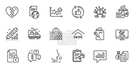 Illustration for Outline set of Teamwork question, Lock and Swipe up line icons for web application. Talk, information, delivery truck outline icon. Include Inspect, Repair, Accounting wealth icons. Vector - Royalty Free Image