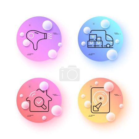 Illustration for Delivery truck, Inspect and Hdd minimal line icons. 3d spheres or balls buttons. Hair dryer icons. For web, application, printing. Warehouse pallet, Search building, Memory disk. Hairdryer. Vector - Royalty Free Image